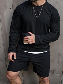 Manfinity Dauomo 男士休闲纯色运动衫短裤套装，春秋