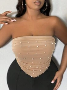 SHEIN SXY Plus Size Women's Faux Pearls Beaded Bandana Hem Crop Tube Top, Suitable For Date Night, Birthday, Bachelorette Party, Casual, Shopping, Streetwear, Going Out, Easy To Match&Looks Slim, Flatter The Figure