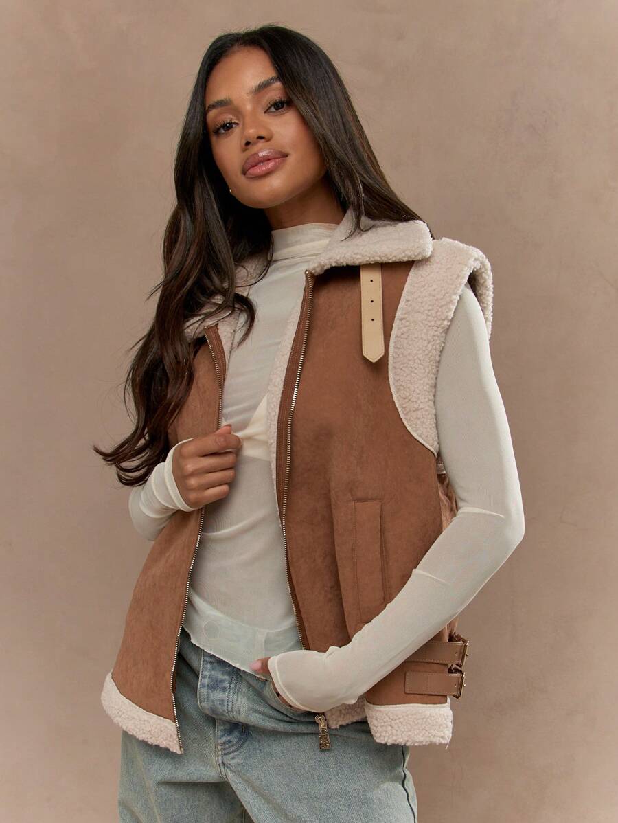 MISSGUIDED Sleeveless Aviator Vest Shearling Lined Winter Suede Sherpa Cargo Utility Gilet With Side Buckles And Zip Front