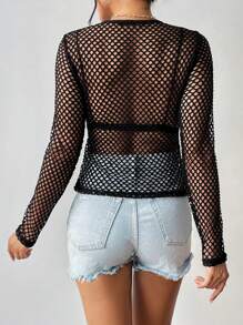 Allurite Hollow Out Fishnet Mesh Top Without Bra Fall Cloth For Women - Black - View 2