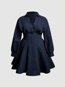 SHEIN MOD Plus Size Collared Criss-Cross Wrap Solid Color Long Sleeve Dress - Navy Blue - View 1