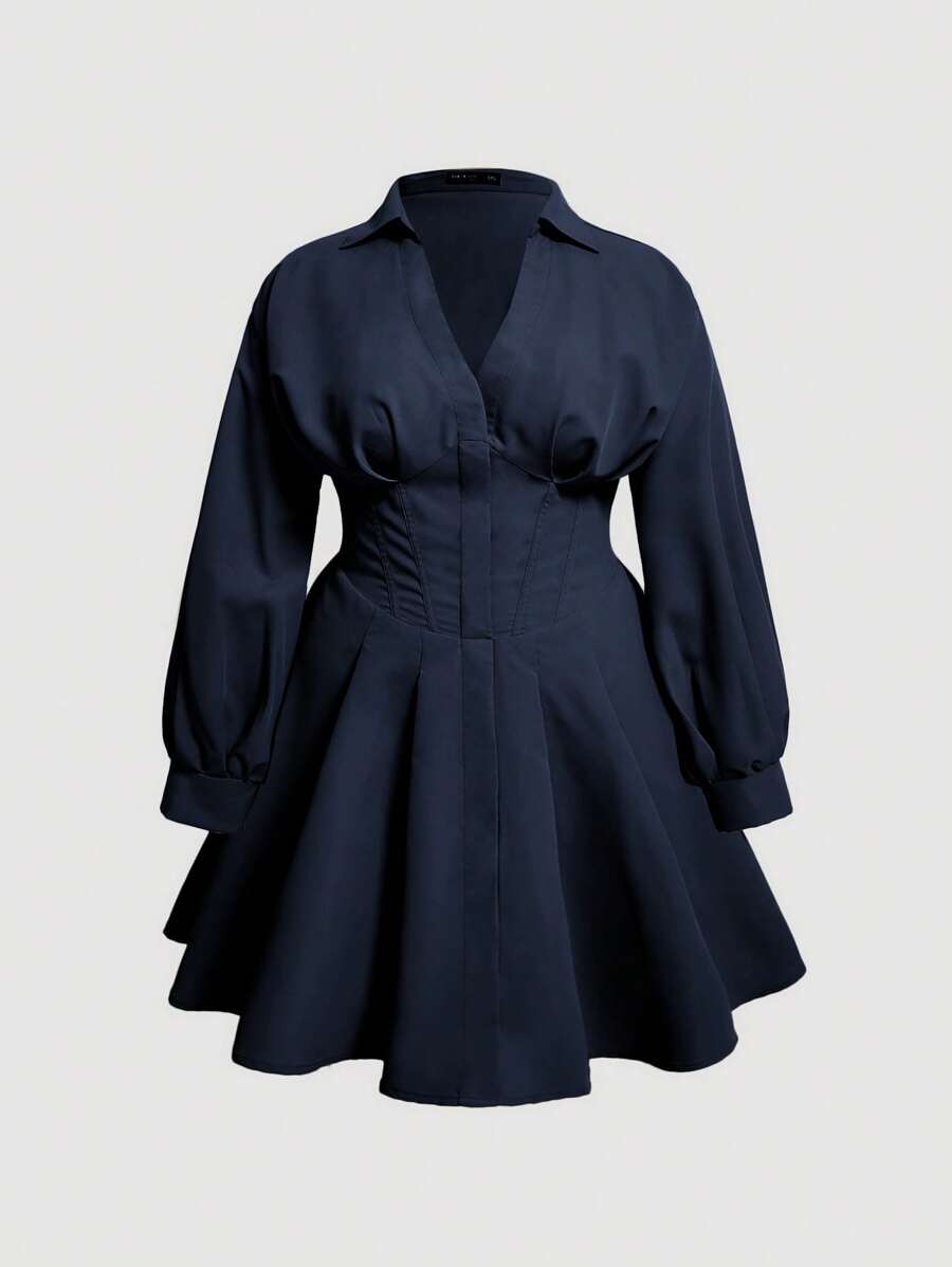 SHEIN MOD Plus Size Collared Criss-Cross Wrap Solid Color Long Sleeve Dress - Navy Blue - View 1