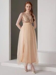 SHEIN Belle Women's Sequin Embellished Split Hem Formal Ball Gown (Heavily Decorated)