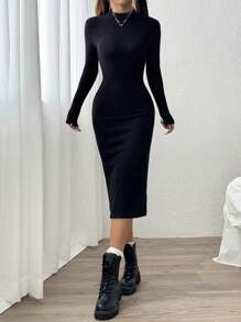 SHEIN EZwear Vestido midi elegante de manga larga de costilla con cuello alto, liso, ajustado, para primavera y otoño, para mujeres