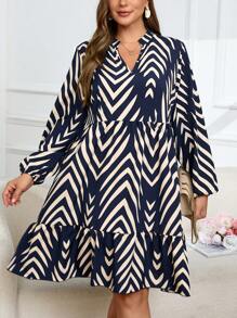SHEIN Clasi Plus Size Casual Notched Neck Herringbone Printed Dress For Fall - Navy Blue - View 7