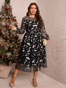 SHEIN Clasi Plus Size Women's Vintage Gothic Fashion Bat Allover Print Mesh Dress,Fall Halloween Clothes,Shiny Suitable For Party & Daily Wear Back To School Fall Wedding Guest