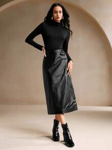 Anewsta Modern Elegant High Waisted Straight Cut Slit PU Crocodile Texture Skirt - Black - View 2