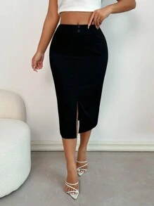 Zolique Falda midi de línea A casual negra de mujer, otoño - Negro - Ver 6