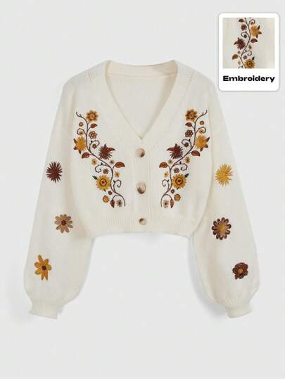 ROMWE Plus Size Hippie Cottagecore Women's Bohemian Embroidery Cardigan, For Winter