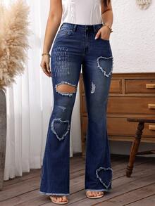 SHEIN LUNE 女式休闲破洞心形喇叭牛仔裤 - 深色水洗藍 - 查看 5