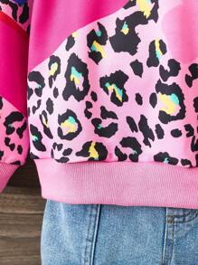 SHEIN Áo nỉ dài tay cổ tròn in họa tiết da báo và hoa phong cách đường phố giản dị cho bé gái dùng hàng ngày và đi nghỉ, phù hợp cho mùa thu/đông - Hồng - Xem 4