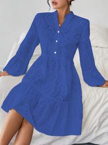 Chiquease 女士纯色 Schiffy 缺口领灯笼袖荷叶边下摆中长连衣裙 - 藏蓝色 - 查看 6