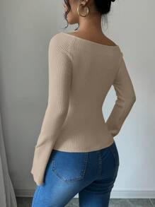 Elenzga 1 pieza Suéter ajustado para damas con mangas abullonadas y hombros descubiertos
