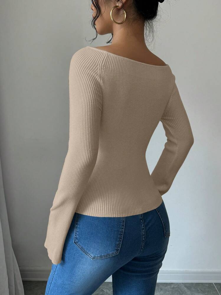 Elenzga 一件装 船领喇叭袖修身女士针织套头衫 秋冬款 - 卡其色 - 查看 3