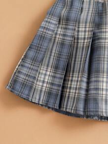 Souflis Souflis Young Girl Classic Academic Style Blazer With Shield Badge Collar Contrast Trim, Plaid Pleated Mini Skirt, And Plaid Bow 3-Piece Set - Royal Blue - View 4