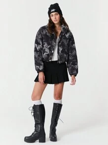 SHEIN EZwear 1 buah Mantel Musim Dingin Wanita Motif Hitam - Hitam - View 3