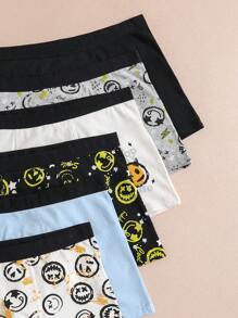 6pcs/Pack Teen Boys' Minimalist Retro Smiling Face Printed Soft Cotton Boxer Briefs