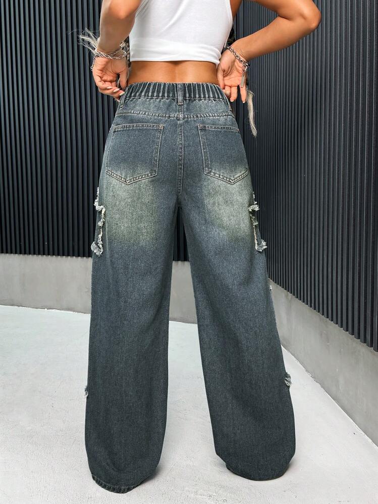 SHEIN PETITE PETITE 女式 Y2k 牛仔裤，带星星拼布的休闲宽松阔腿牛仔裤，阔腿裤，返校服装，7 月 4 日服装，蓝色宽松牛仔裤，蓝色 - 深色水洗藍 - 查看 2