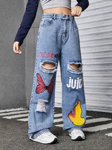 SHEIN Explorewe Teen Girl Ripped Graphic Print Straight Loose Fit Denim Jeans - Light Wash - View 5