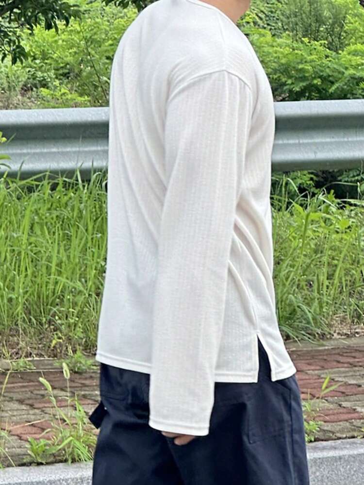 Long-Sleeve Half-Placket Plain Casual T-Shirt For Men, Autumn, Fall