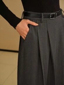 MOTF STUDIO SOLID SLANT POCKET FOLD PLEATED BELTED LONG SKIRT - Grey - View 3