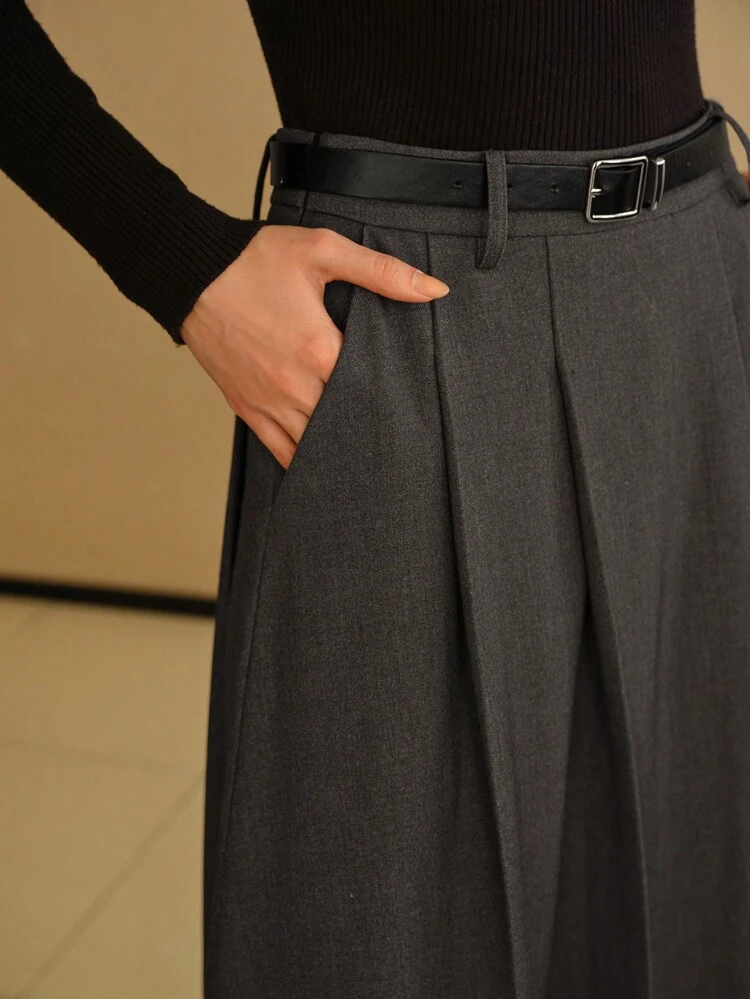MOTF STUDIO SOLID SLANT POCKET FOLD PLEATED BELTED LONG SKIRT
