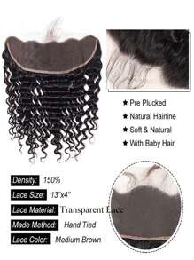 1pc Transparent Lace 13 X 4 Lace Frontal Deep Wave Human Hair Natural Black Color 150% Density 10-20 Inch Lace Frontal Human Hair Extension Ear To Ear Lace Frontal Pre Plucked With Baby Hair For Women