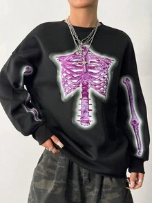 SHEIN Unity Sudadera holgada con estampado de esqueleto para otoño - Negro - Ver 4