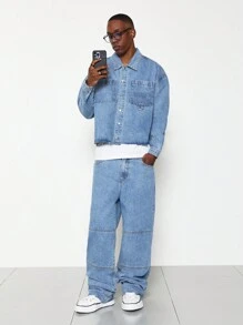 SUMWON Cropped Washed Long Sleeve Denim Shirt And Straight Fit Pant 2 Piece Set - Blue - View 5