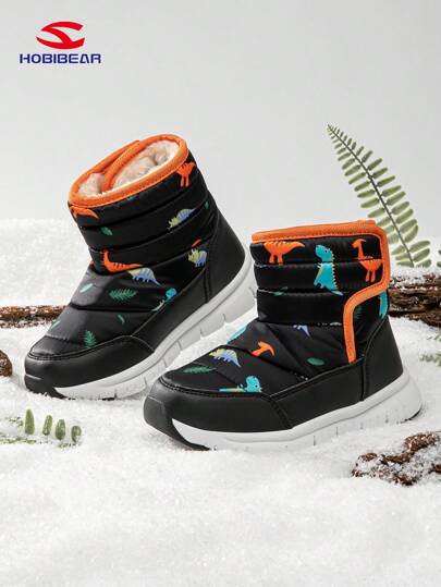 1 双儿童黑色圆点图案防水冬季雪地靴，男女通用