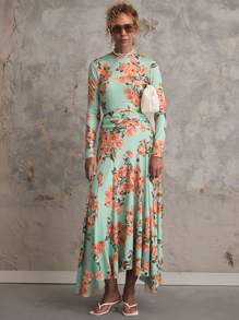 SHEIN Unity Vestido elegante de manga larga con estampado floral y dobladillo con volantes para mujeres