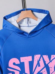 2 件套青少年男孩时尚街头服饰黄色火焰印花休闲宽松连帽衫和运动裤，秋季 - 藍色 - 查看 7