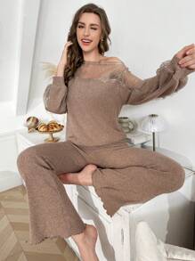 蕾丝撞色露肩长袖睡衣套装 - 卡其色 - 查看 6