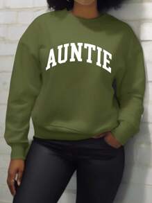 SHEIN LUNE 阿姨印花字母纯色女式休闲圆领运动衫，秋冬，长袖上衣 - 橄欖綠 - 查看 4