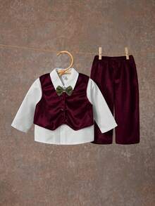 SHEIN 3pcs Baby Boy Burgundy Gentleman Vest, Long Sleeve Shirt And Pants Set - Burgundy - View 6