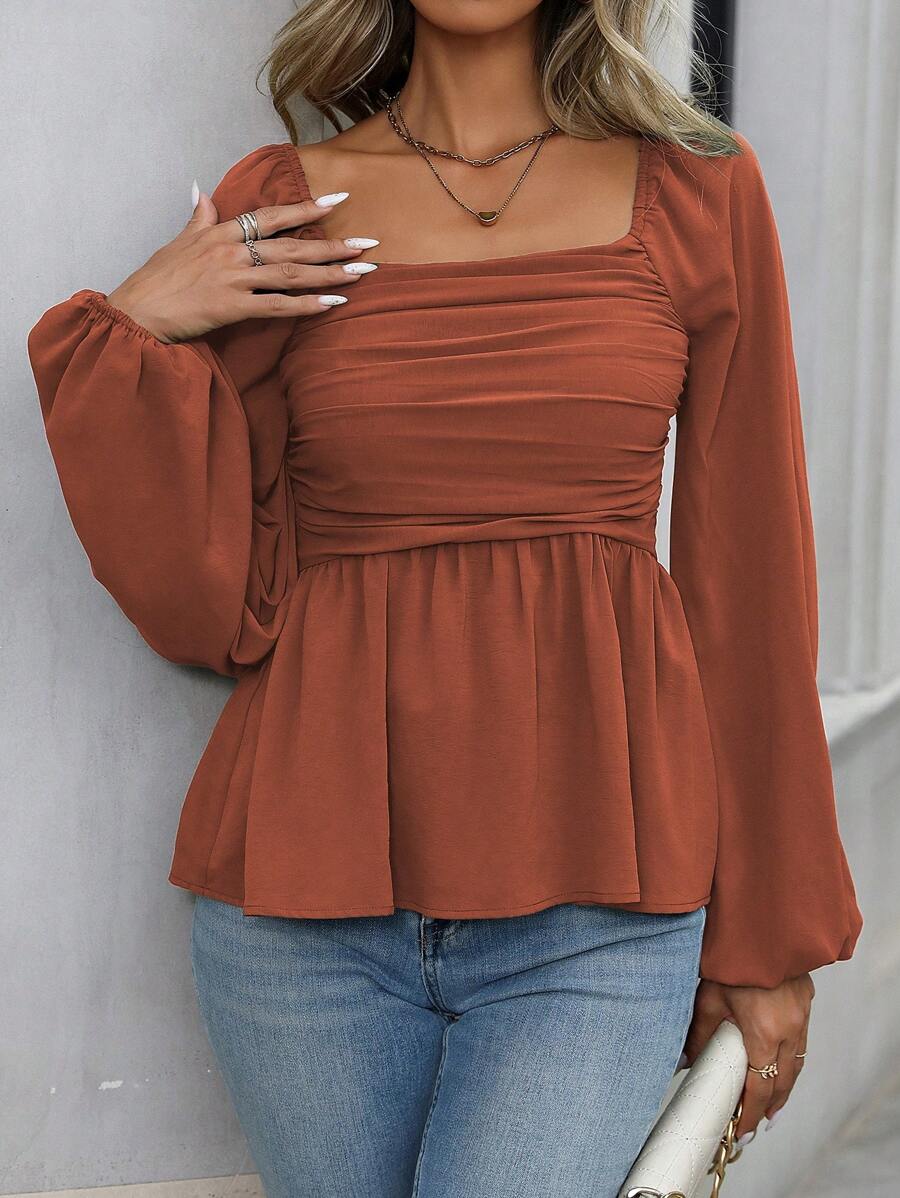 EMERY ROSE Áo peplum tay loe màu trơn đơn giản thời trang xuân/thu cho nữ - Rỉ Nâu - Xem 1