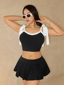 Zolique Contrast Color Patchwork Wide Strap Tie-Up Casual Knit Blouse - Black - View 4