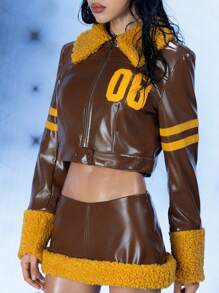 FREAK CITY Designer Women Fluffy PU Leather Moto Jacket Retro Street Brown Jacket, For Holiday, Vacation, Spring, Festival, Ibiza Fits