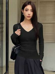DAZY 女士V领长袖休闲针织毛衣，适合秋冬季 - 黑色 - 查看 4