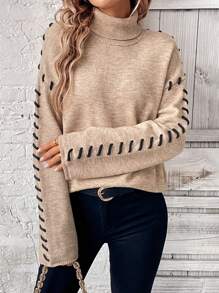 SHEIN LUNE Damen Loose Fit Rollkragenpullover mit Kontrastfarbe, bequemer Lässig Pullover für den Herbst