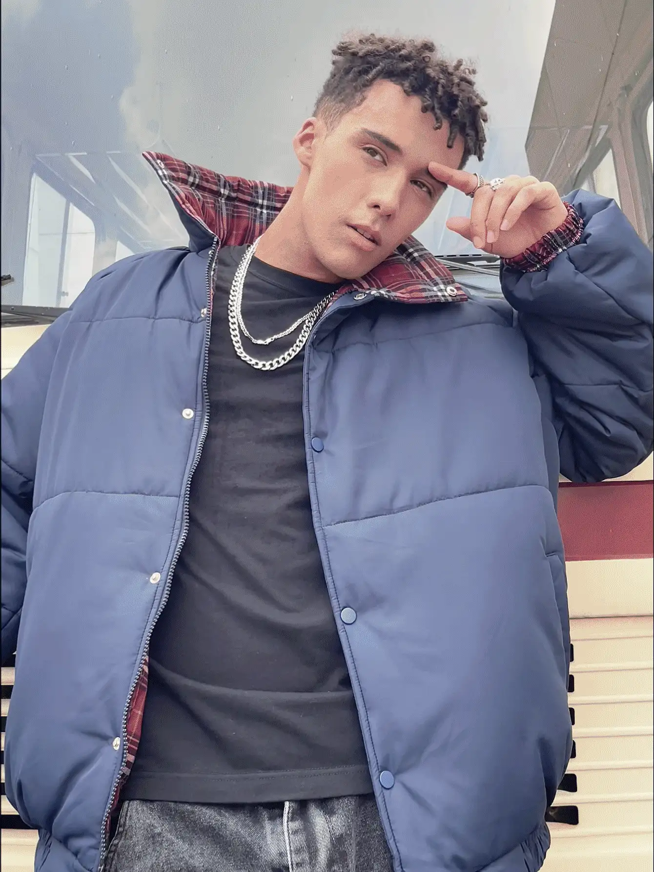 Manfinity Hypemode Men's Reversible Casual Loose Short Winter Jacket, Winter Clothes,Christmas - Navy Blue - View 3