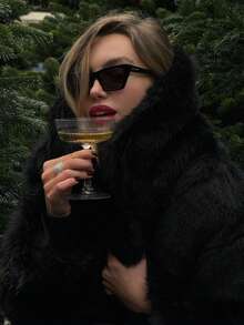 TRAFZA 女士仿皮草优雅外套，休闲奢华纯色大衣，保暖宽松女士时尚街头风长袖外套，黑色，冬季款 - 黑色 - 查看 7