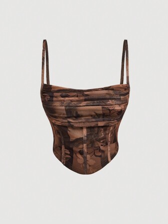 SHEIN MOD Top de tirantes con estampado vintage y frente recogido, chalecos de otoño, chalecos retro, chalecos nómadas, blusas de pirata, tops