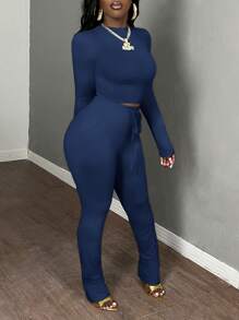 Slaydiva 2 piezas Conjunto informal de mujer de manga larga corta y pantalón deportivo con cordón en la cintura, otoño/invierno - azul real - Ver 7