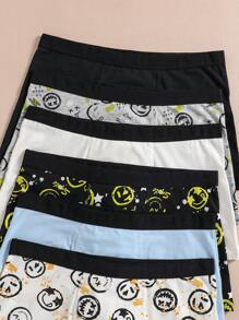 6pcs/Pack Teen Boys' Minimalist Retro Smiling Face Printed Soft Cotton Boxer Briefs
