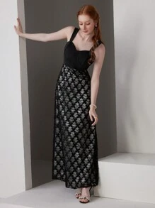 SHEIN Belle Robe de soirée pour femmes avec bretelles spaghetti et dentelle - Noir - Voir 3