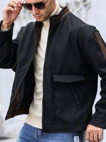 Manfinity Homme Men Solid Color Splicing Front Zipper Long Sleeve Casual Sweater - Black - View 4