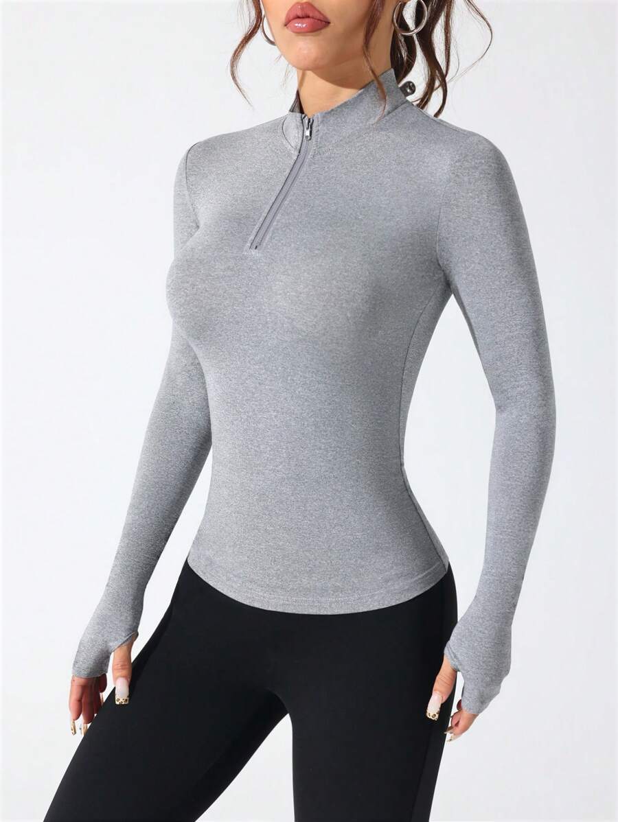Gameset SHEIN Sport 女士纯色长袖拉链半襟柔软透气拉链运动衫 - 灰色 - 查看 1