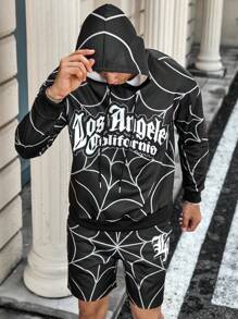 Manfinity LEGND Conjunto de sudadera con capucha y cordón y pantalones cortos con estampado de telaraña all-over, atuendo de Halloween para hombre