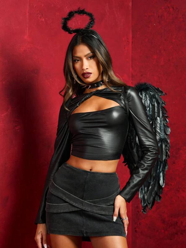 SHEIN SXY Sexy Women Outfits Elegant Leisure Fall Clothes Twist Knot Collar Elastic Faux Leather Long Sleeve Slim Fit T-Shirt